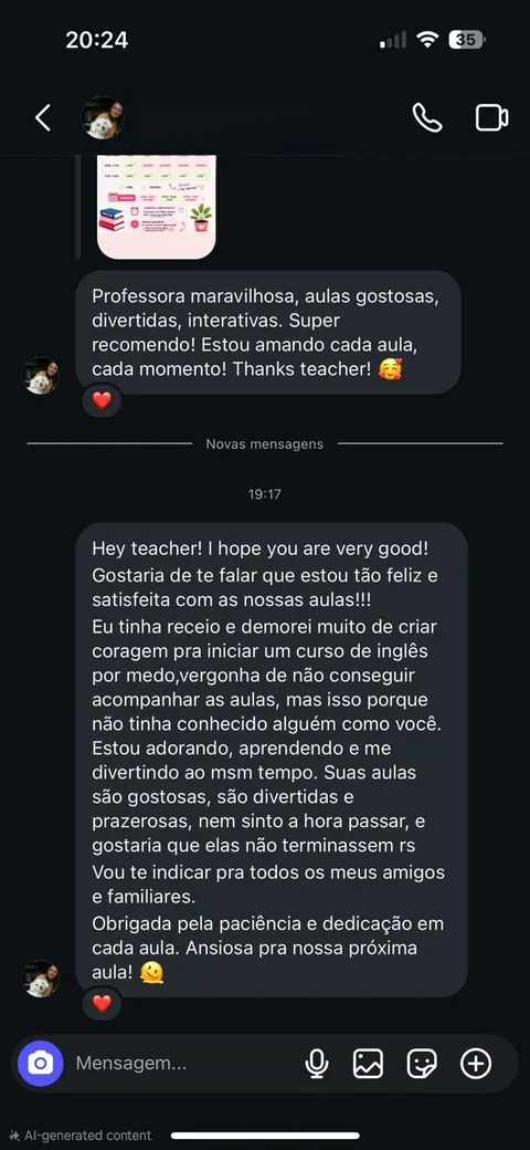 Print de depoimento de aluna sobre as aulas de inglês da Teacher Livia