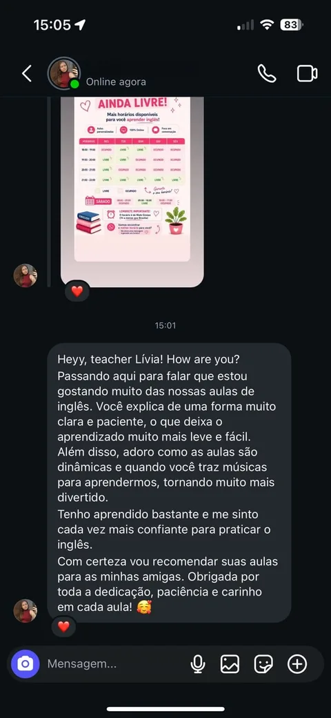 Print de conversa de WhatsApp de aluna sobre a experiência com as aulas de inglês